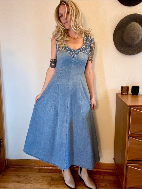 NU~OZ Dresses & Skirts - Vintage 90s Denim Midi Dress Embroidered Western Prairie Jean Cowgirl Size 4-6